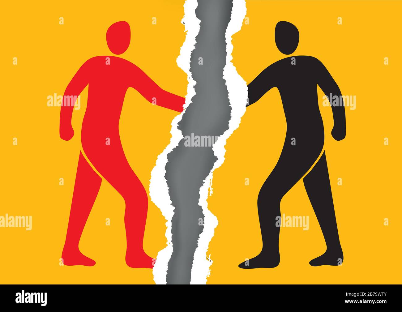 No Handshake,risk of Corona virus transmission. Torn yellow paper with two male silhouettes hand shaking at a meeting. Vector available. Stock Vector