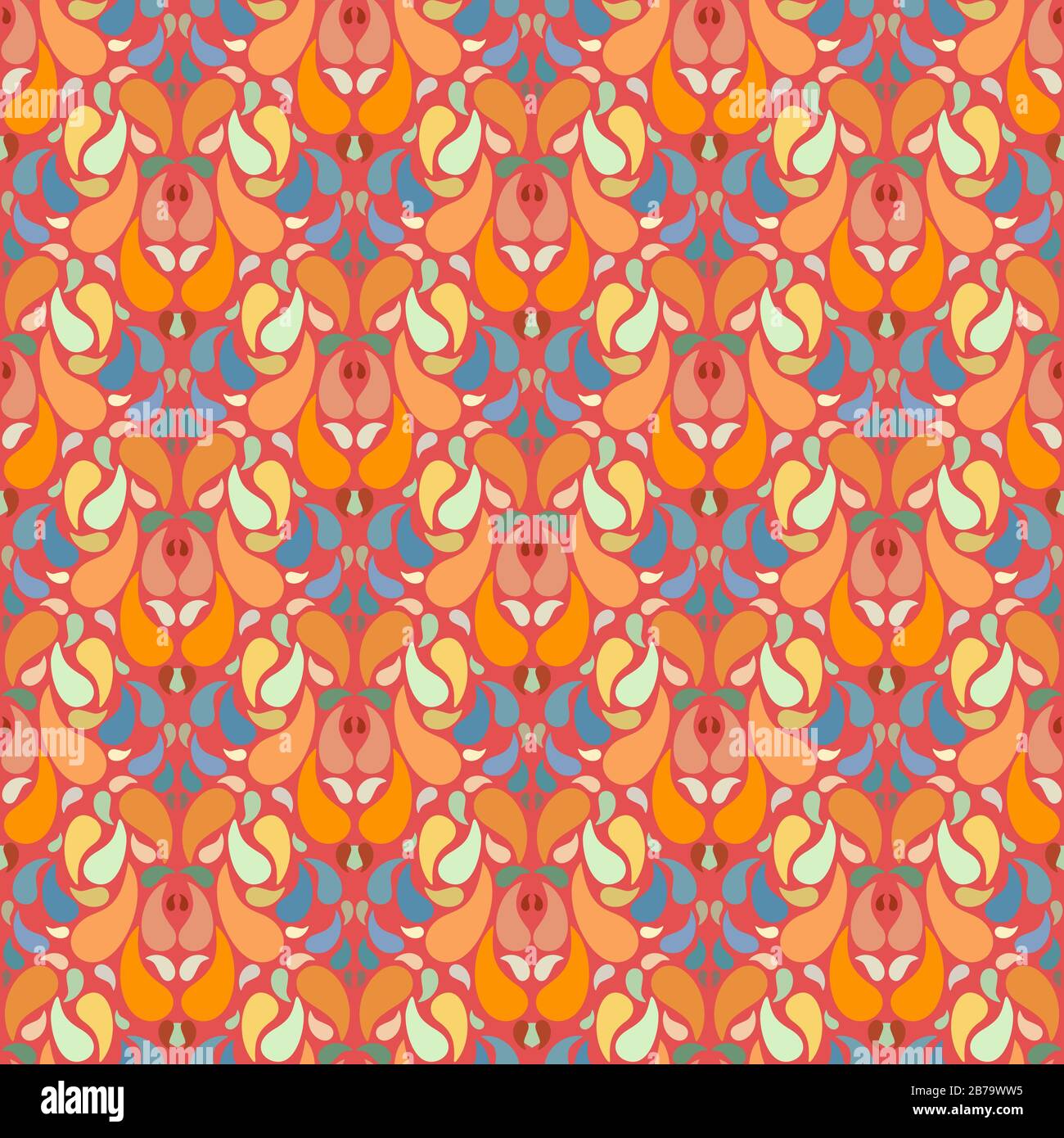 Retro colored vector seamless repeating surface pattern with paisley in warm orange tones paired with cooler hues creates a blast from the past. Stock Vector
