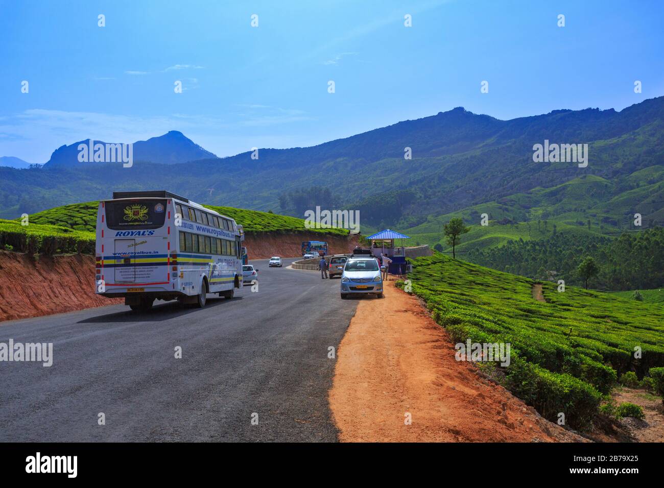 Winding road along the beautiful tea plantations in Munnar hills (Kerala, India) Stock Photo