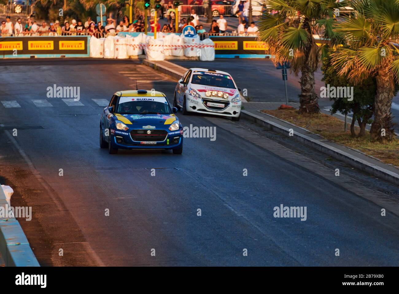 Rome,Italy - July 21, 2019:At Rome capital Rally event, the fast rally car quickly runs on the track created for the occasion on the Ostia Lido promen Stock Photo