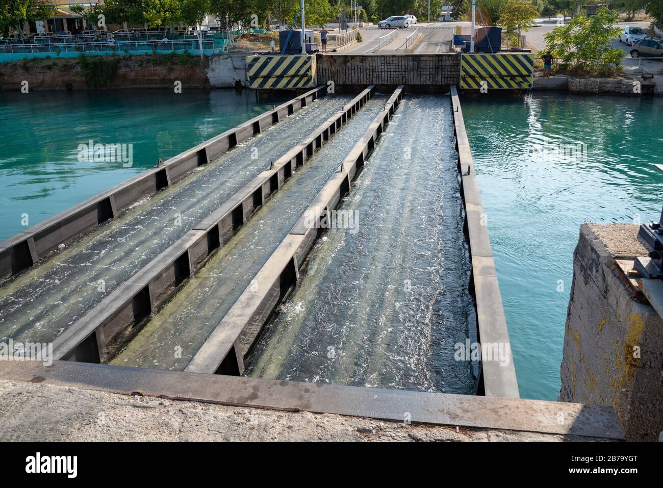 Corinth canal, bridge flooding down Stock Photo