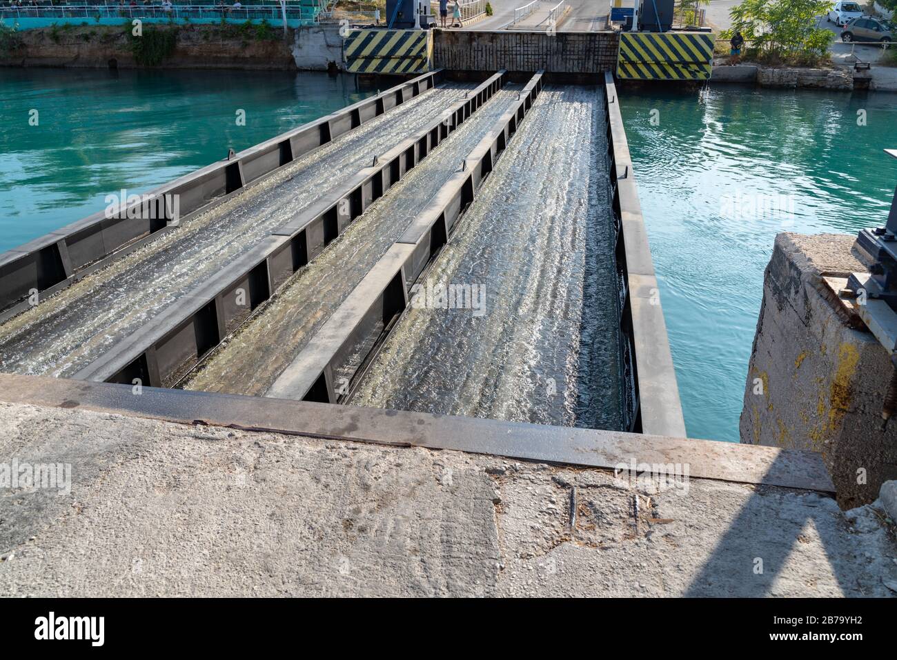 Corinth canal, bridge flooding down Stock Photo