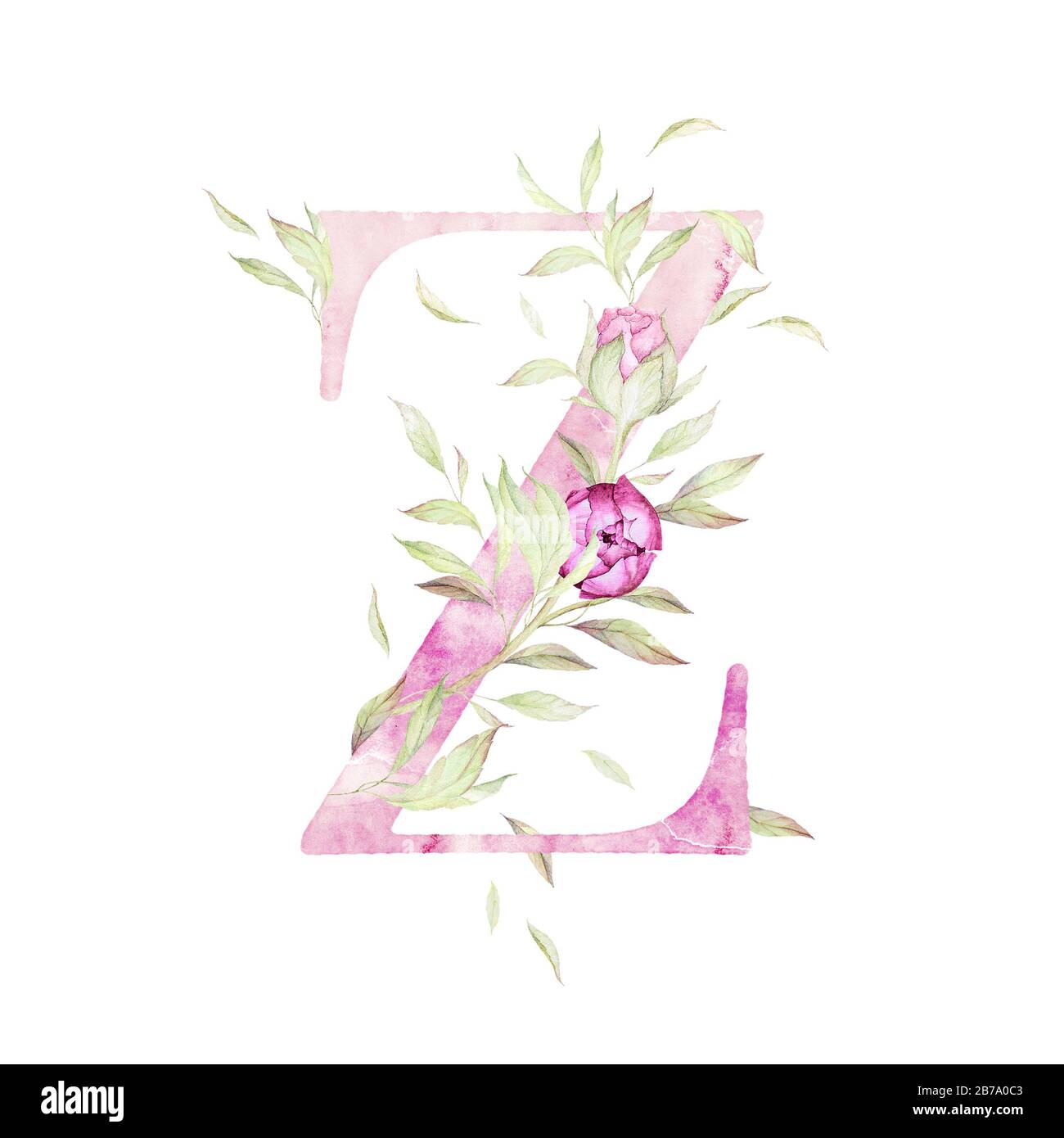 Big Letter D. Alphabet. Light Pink. Floral decor. Watercolor. White Background. Print quality Stock Photo