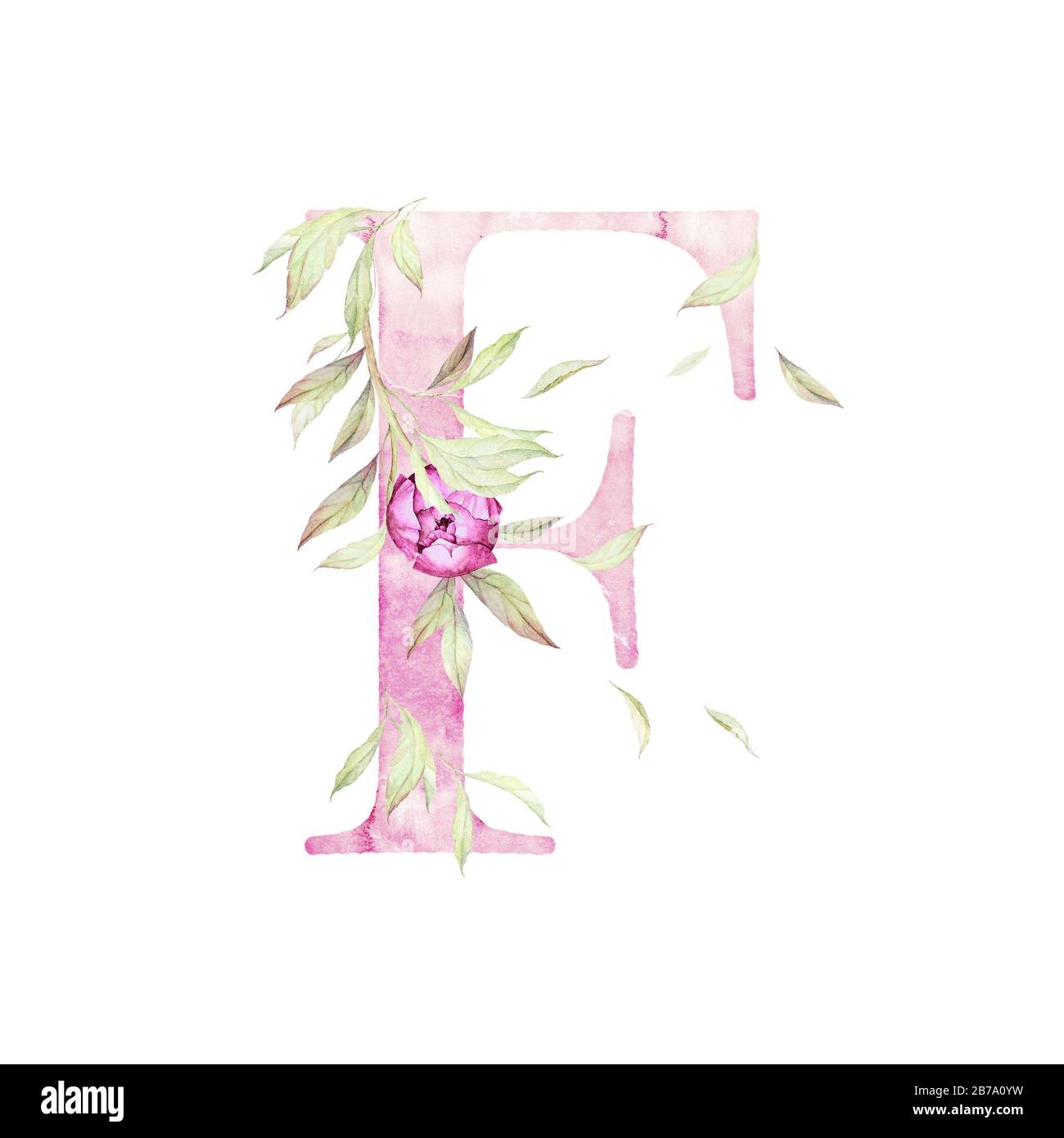 Big Letter F. Alphabet. Light Pink. Floral decor. Watercolor. White Background. Print quality Stock Photo