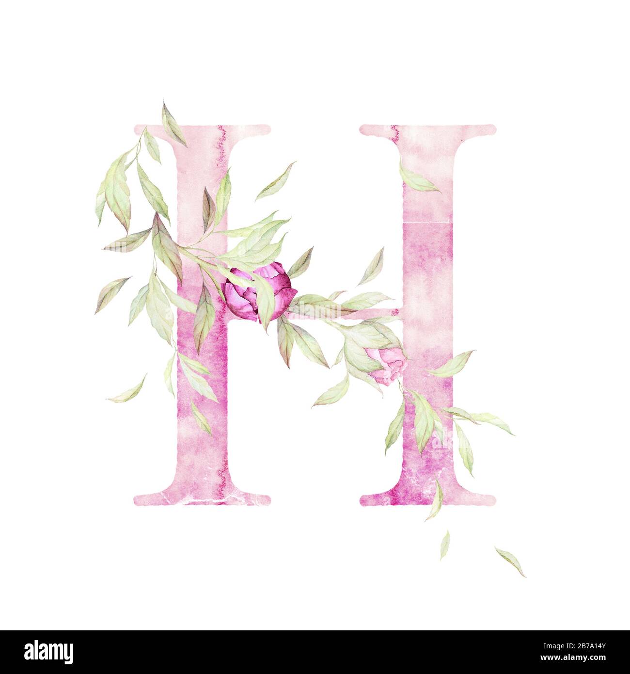 Big Letter H. Alphabet. Light Pink. Floral decor. Watercolor. White Background. Print quality Stock Photo