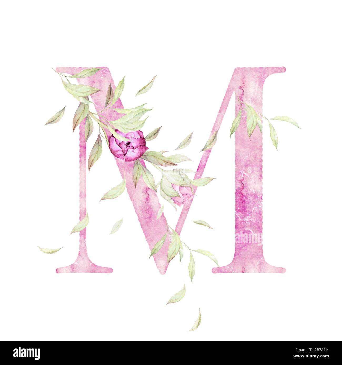 Big Letter M. Alphabet. Light Pink. Floral decor. Watercolor. White Background. Print quality Stock Photo