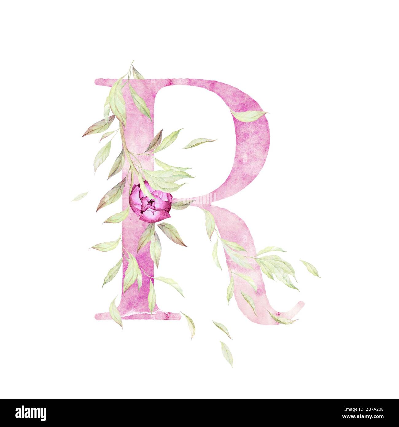 Big Letter R. Alphabet. Light Pink. Floral decor. Watercolor. White Background. Print quality Stock Photo