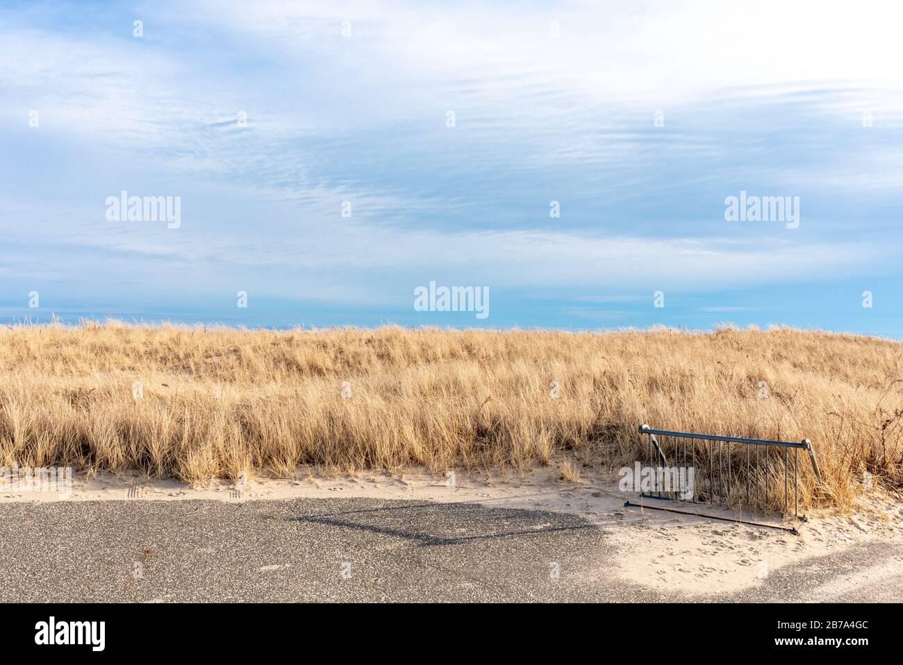 empty bicycle rack at the beach at Two Mile Hollow Beach, East Hampton, NY Stock Photo