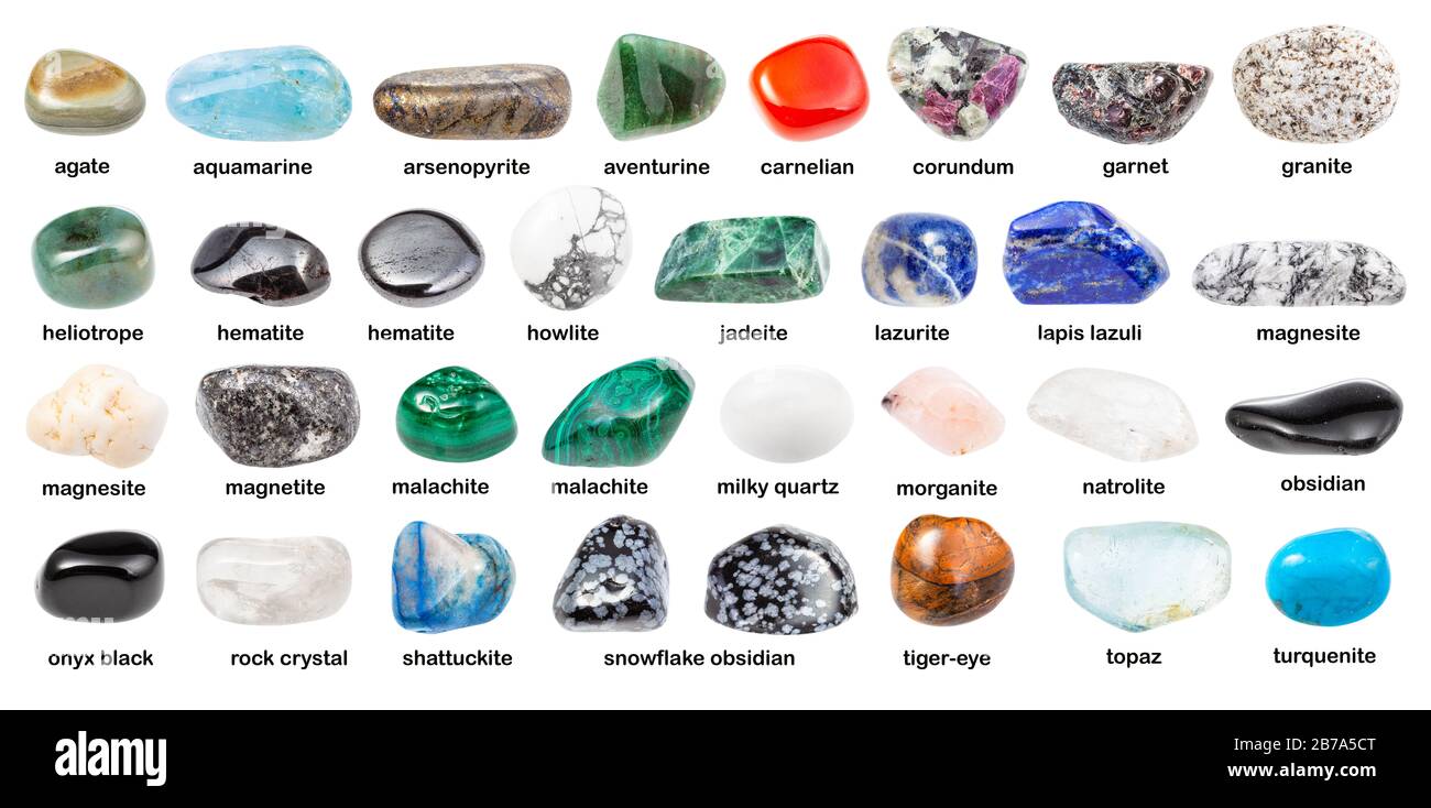 collection of various polished stones with names magnesite