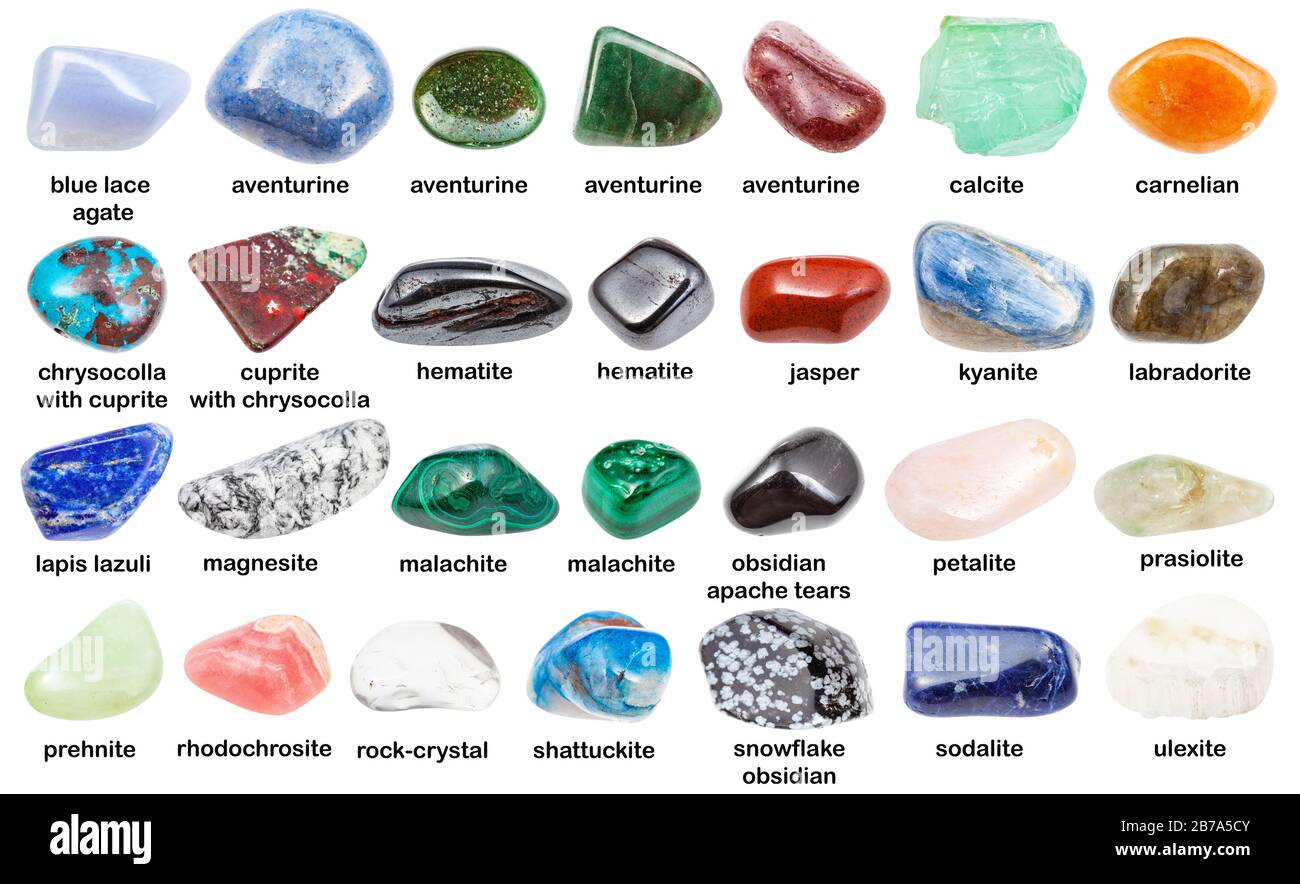 set of various polished stones with names (calcite, ulexite, magnesite, cuprite, chrysocolla, malachite, kyanite, shattuckite, obsidian, hematite, laz Stock Photo