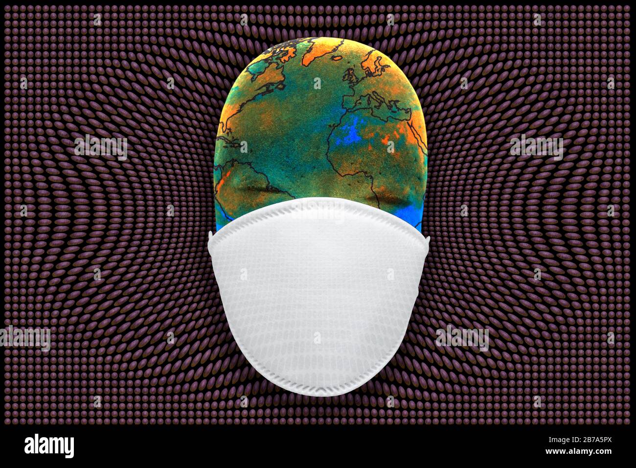 Masked Global Map health mask with virus droplet showing global pandemic breakout. Map ...