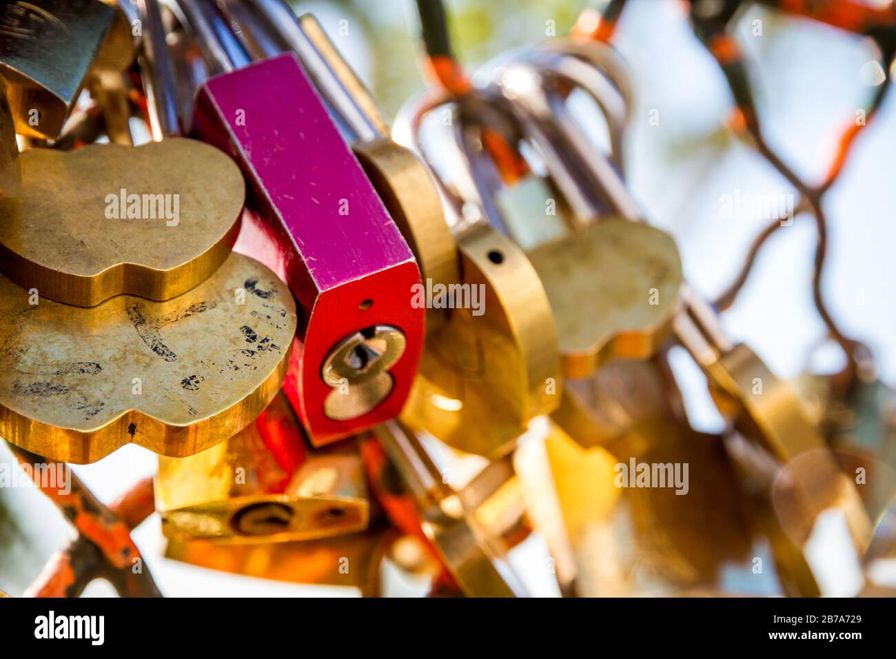 Padlocks symbols of love hanging on a fence, Paris, France Stock Photo