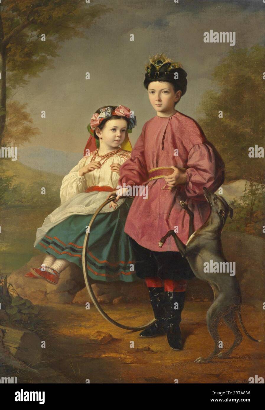 Geschwister mit Windhund und Reifen 1860. Stock Photo