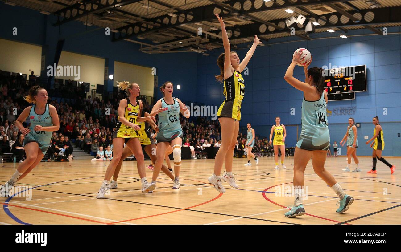 Surrey Storm's Yasmin Parson (right) and Manchester Thunder's Amy Carter battle for the ball during the Vitality netball Super League match the Surrey sports Park, London. Stock Photo