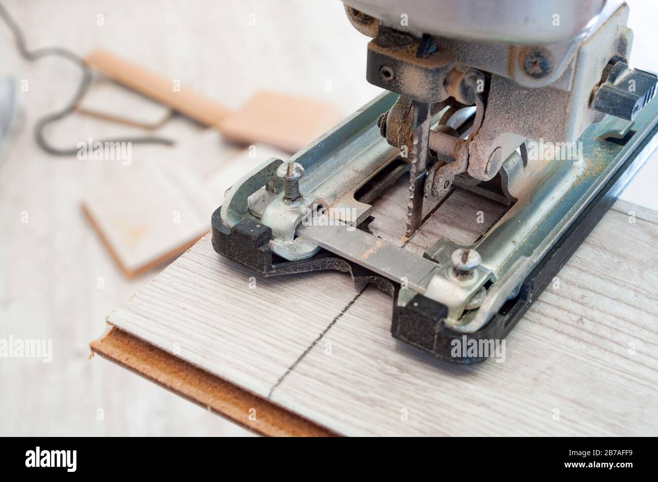 Electric jigsaw at work. Closeup Stock Photo Alamy