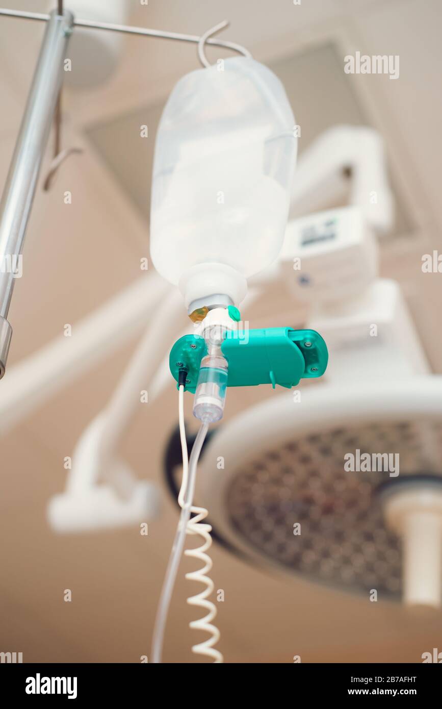 Iv fluid, intravenous with sodium chloride applying to the patient in the hospital Stock Photo