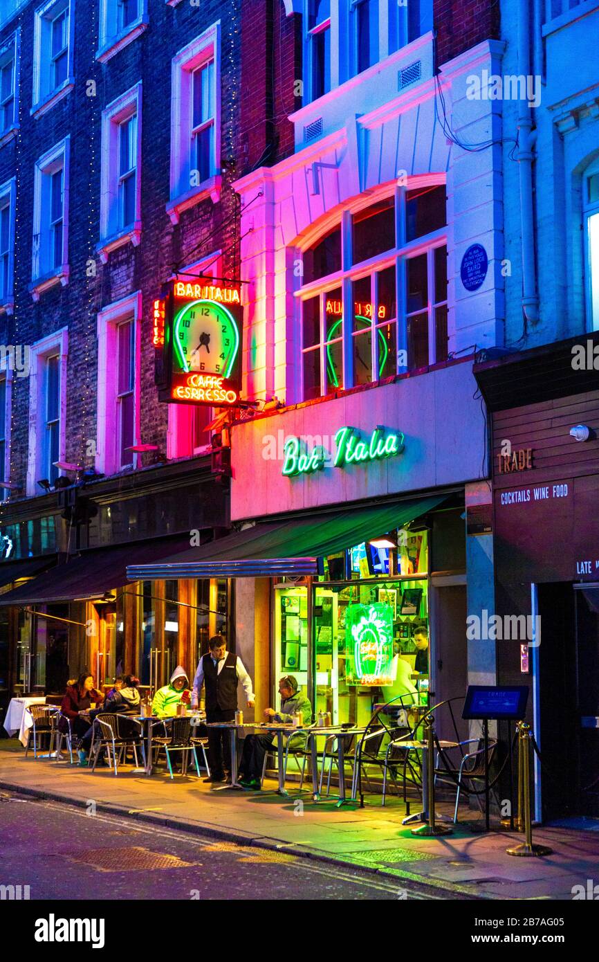 Bar Italia in Soho at night time, London, UK Stock Photo