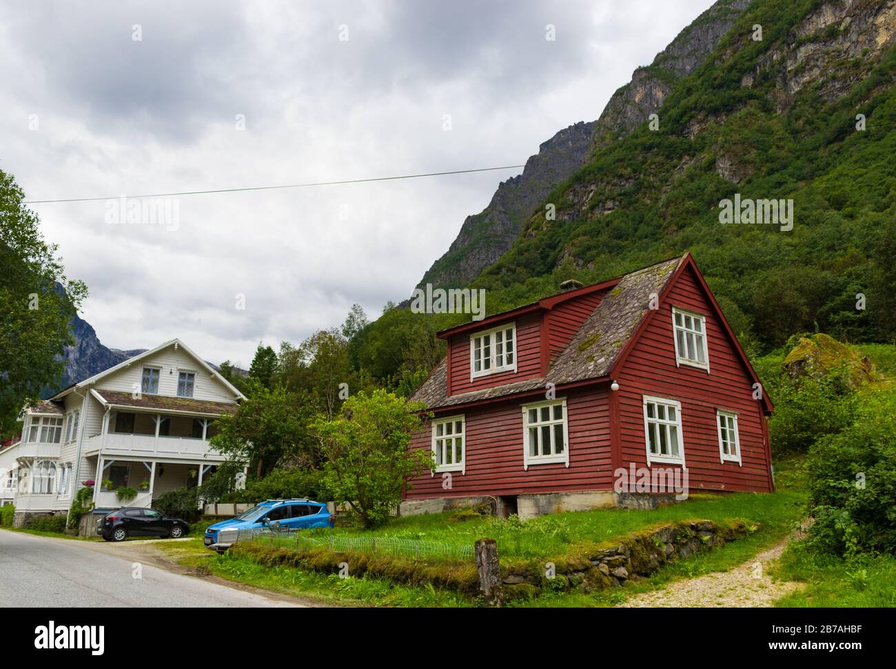 View of Gudvangen-a village in Vestland county, Norway. It is a popular tourist destination located at the end of the Nærøyfjord Stock Photo