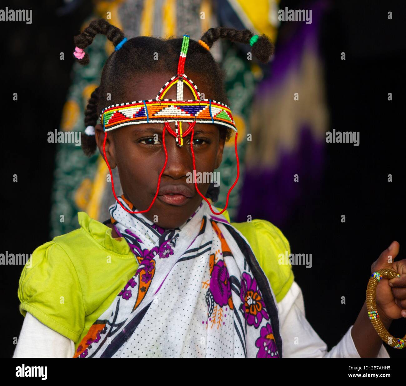 Portrait of African girl wearing Traditional tribe costume with blurred