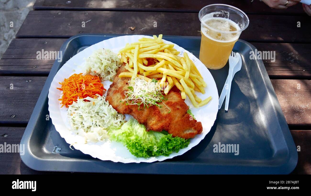 Traditional polish dinner pork fillet, french fries, salad set and a