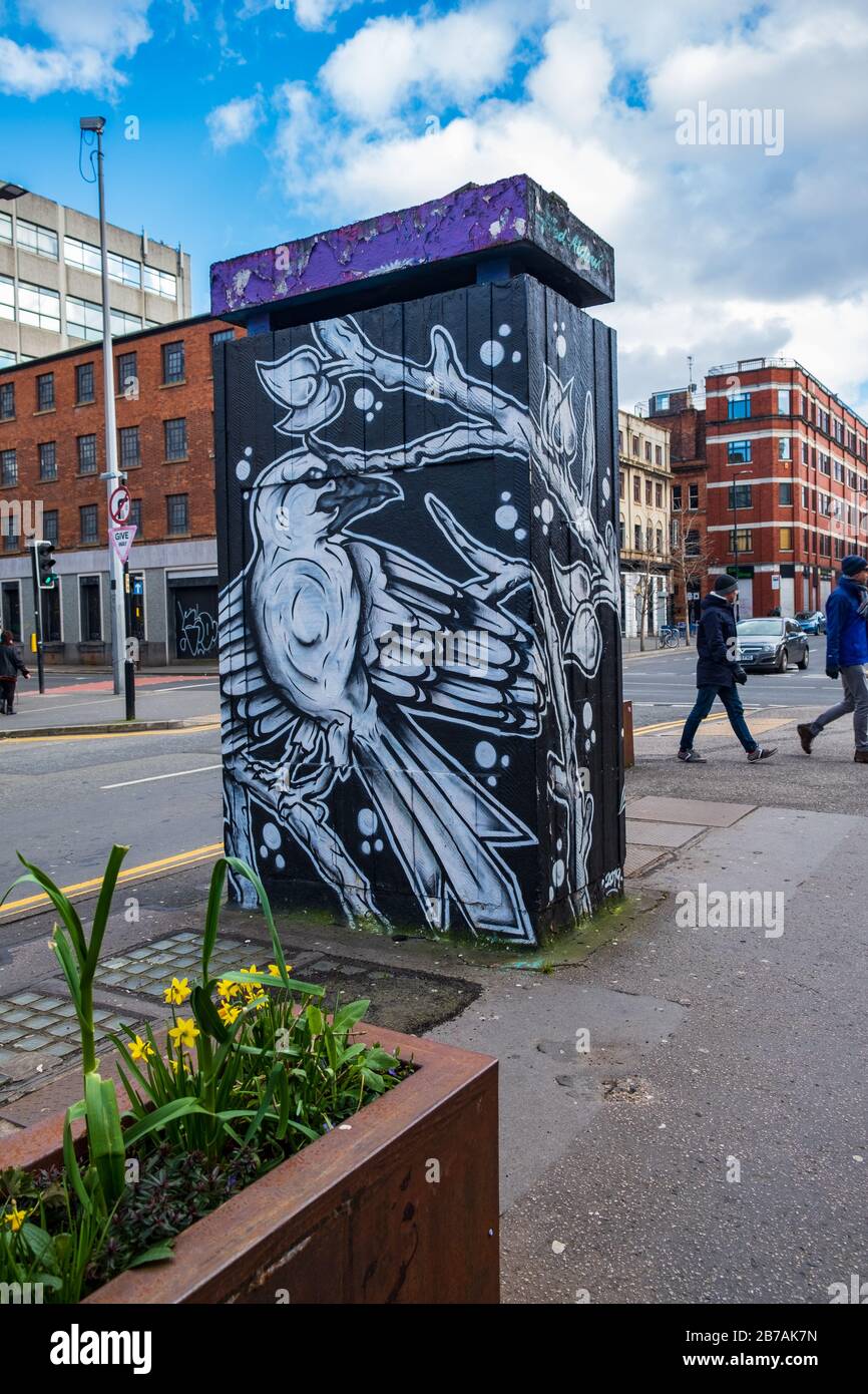Manchester, United Kingdom - March 1, 2020: View of OUT HOUSE, a new outdoor space for public street art in Stevenson Square in the Northern Quarter o Stock Photo