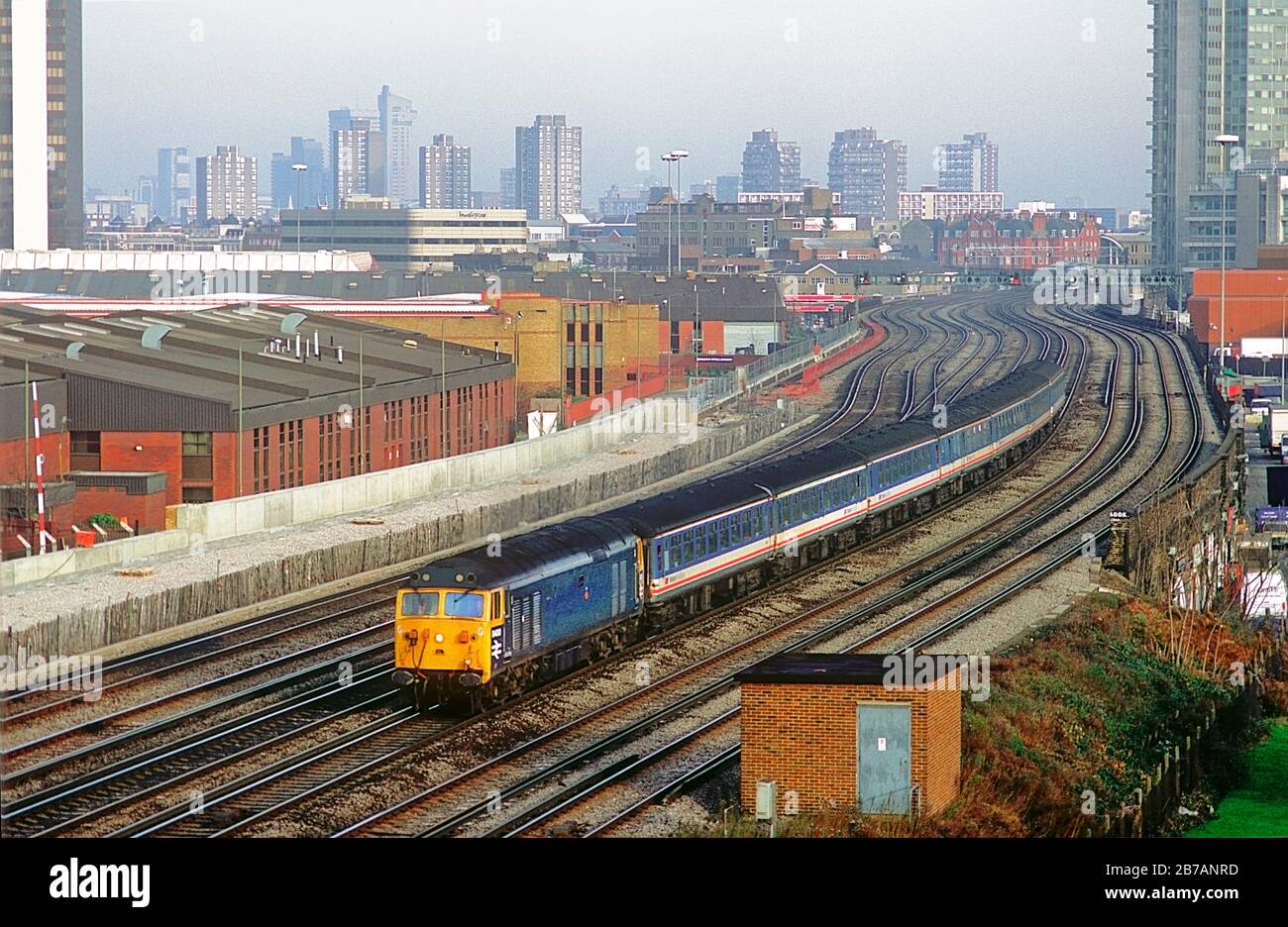 A class 50 diesel locomotive number 50050 carrying it’s original number of D400 working a 'Network Express' at Nine Elms in West London. Stock Photo