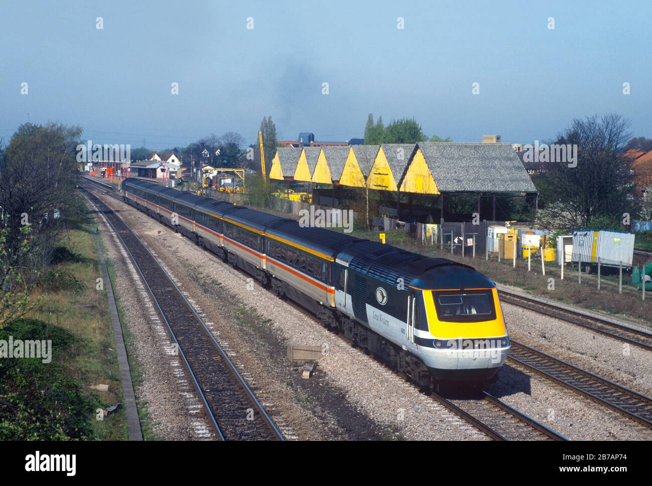 An HST led by power car 43012 freshly repainted into the short lived Great Western Trains livery working an up service at West Drayton on the 8th April 1997. Stock Photo