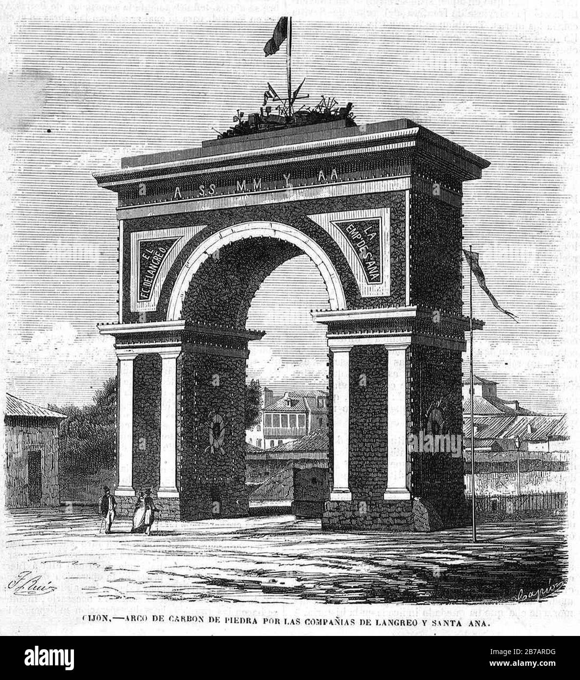 Gijón, arco de carbón de piedra por las compañías de Langreo y Santa Ana, en El Museo Universal. Stock Photo