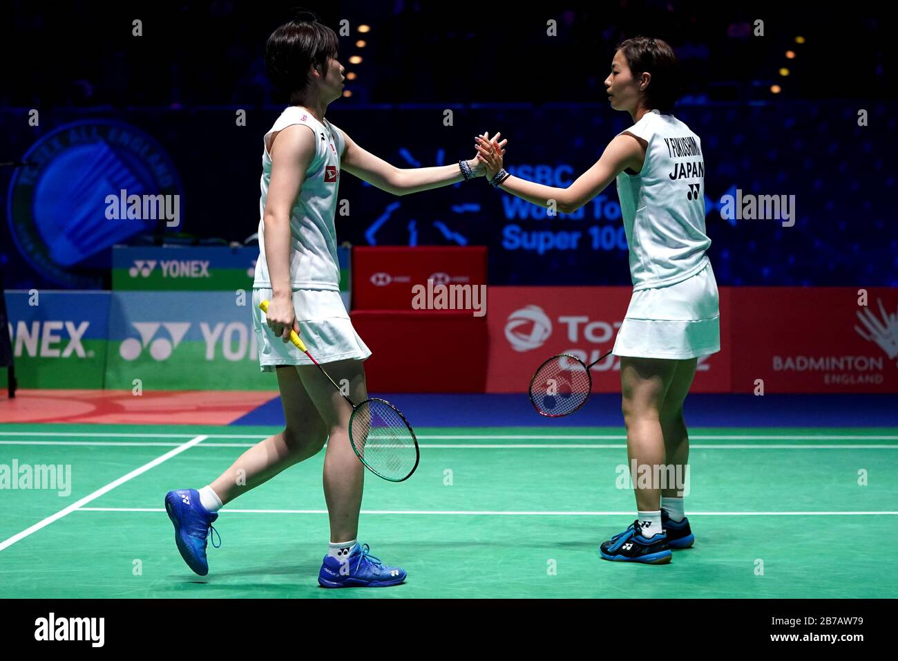 Japans Sayaka Hirota (left) and Yuki Fukushima in action in the Womens doubles semi final match during the YONEX All England Open Badminton Championships at Arena Birmingham Stock Photo