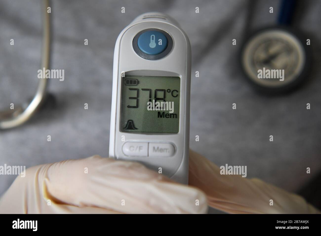 A body temperature of 37.8 degrees Celsius is recorded on a tympanic thermometer. PA Photo. Picture date: Saturday March 14, 2020. Photo credit should read: Ben Birchall/PA Wire Stock Photo