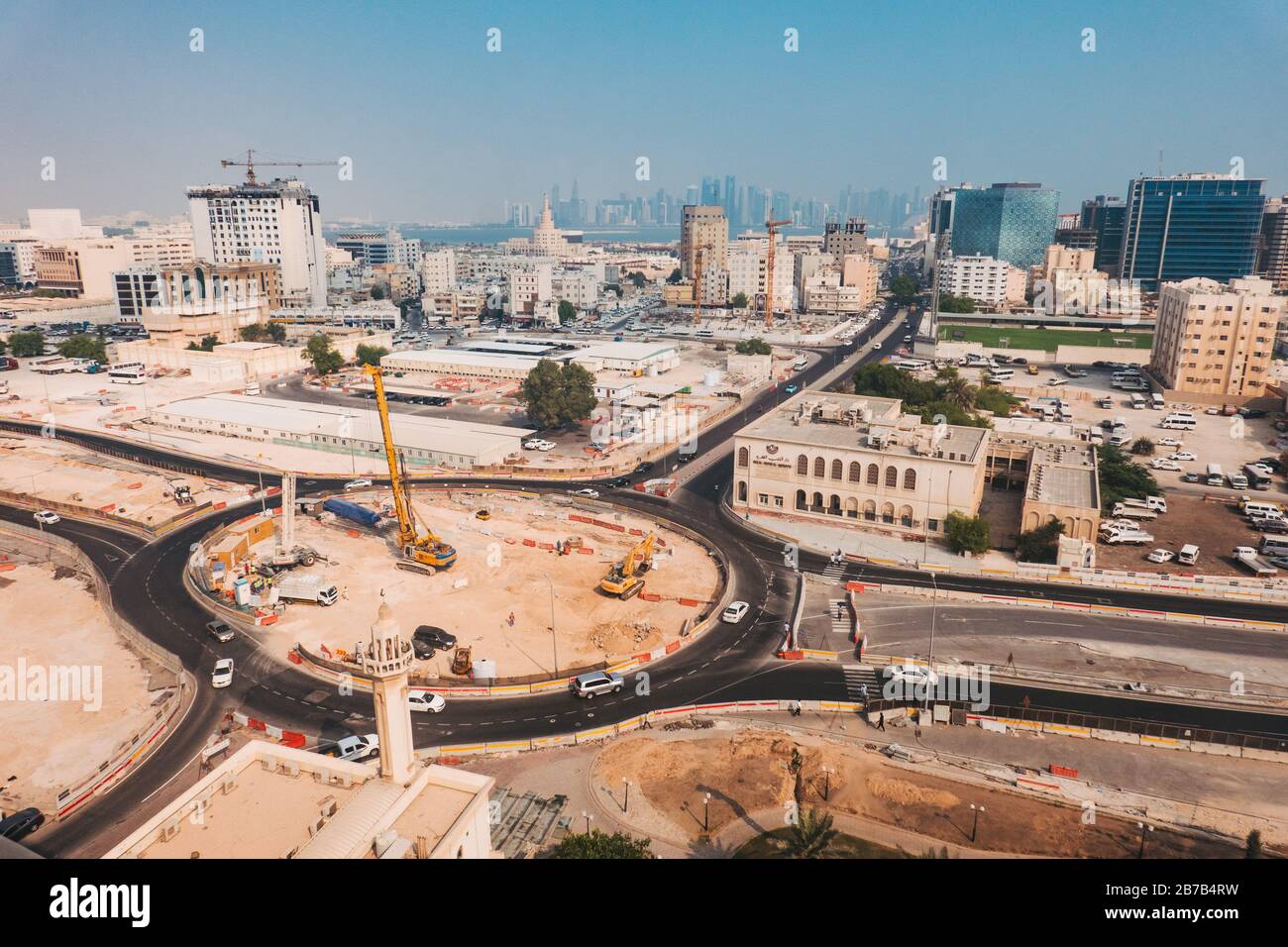 Aerial view of a new roundabout under construction in Doha, Qatar Stock Photo
