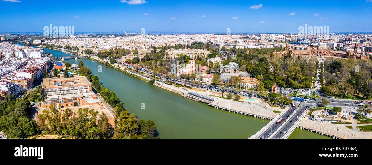 Sevilla city. Beautiful Aerial Panorama Shot. Centre and its landmarks,, Spain, Seville Stock Photo
