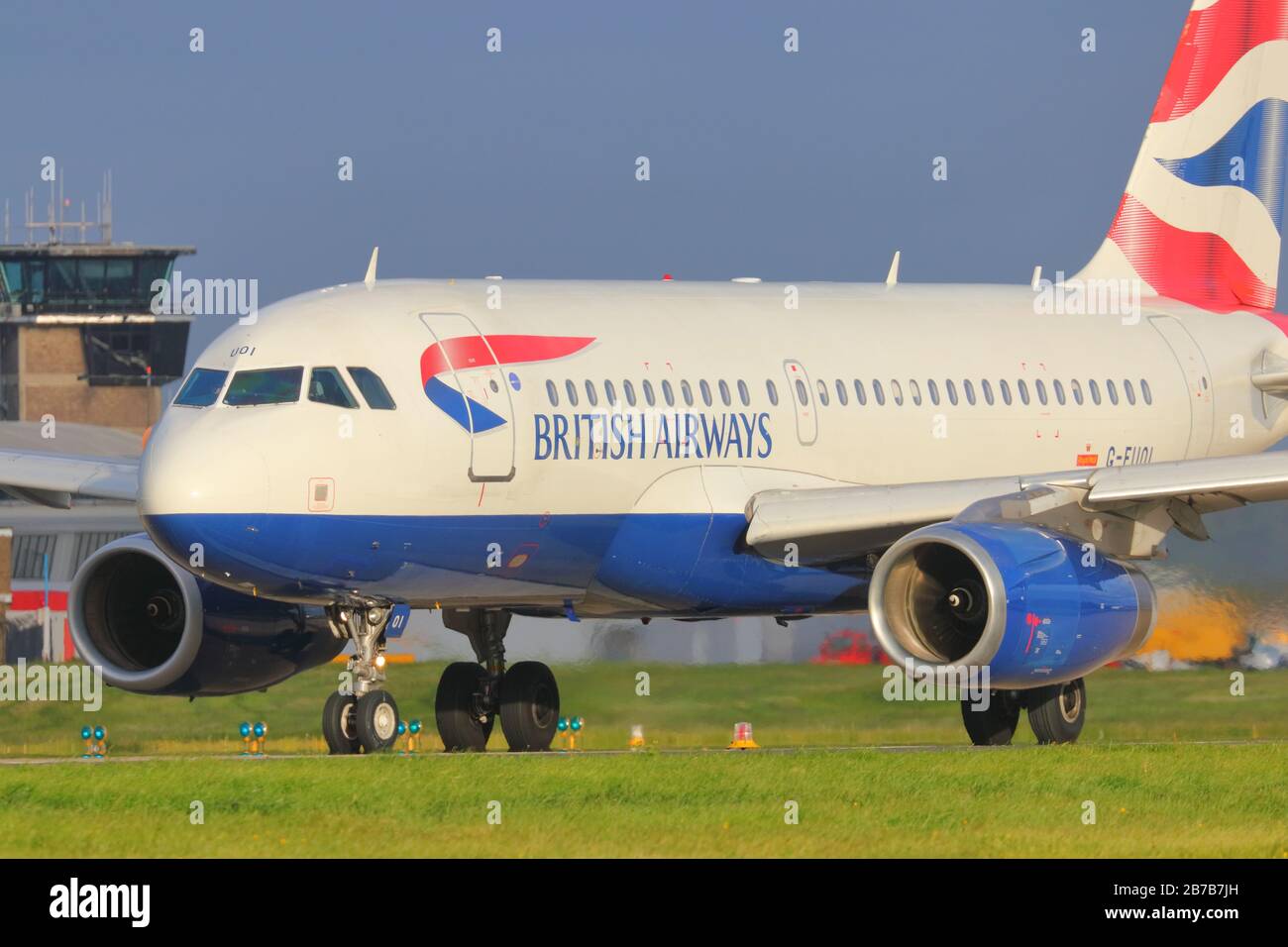 A British Airways A319 taxis along the runway at Leeds Bradford