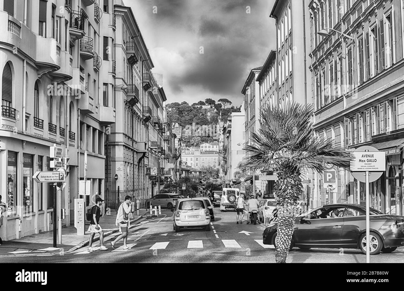 NICE, FRANCE - AUGUST 11: View over Rue Saint-Francois de Paule and the Chateau Hill in central Nice, Cote d'Azur, France, on August 11, 2019 Stock Photo