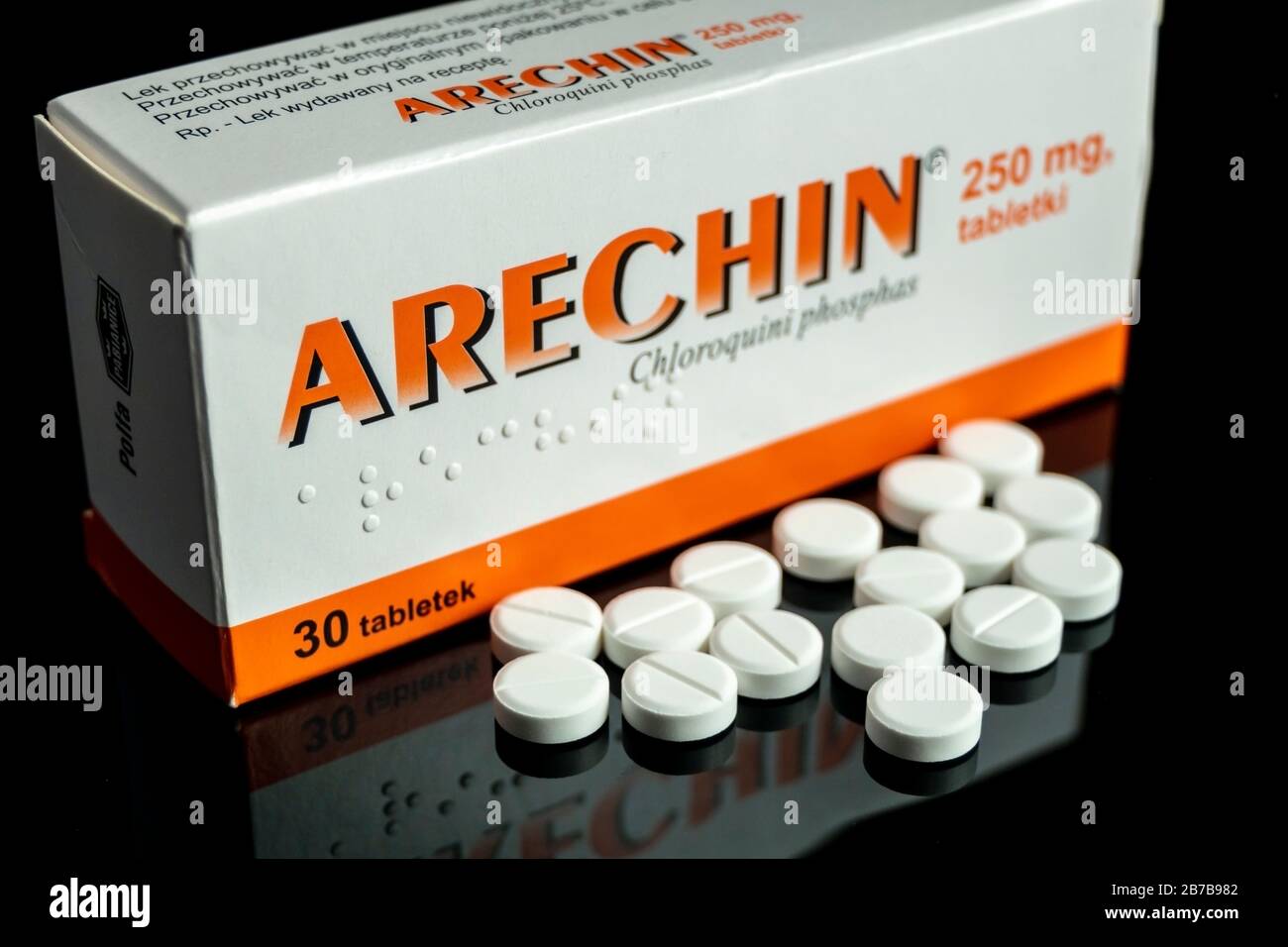 Warsaw / Poland - March 14 2020: Arechin latin - chloroquini phosphas ...