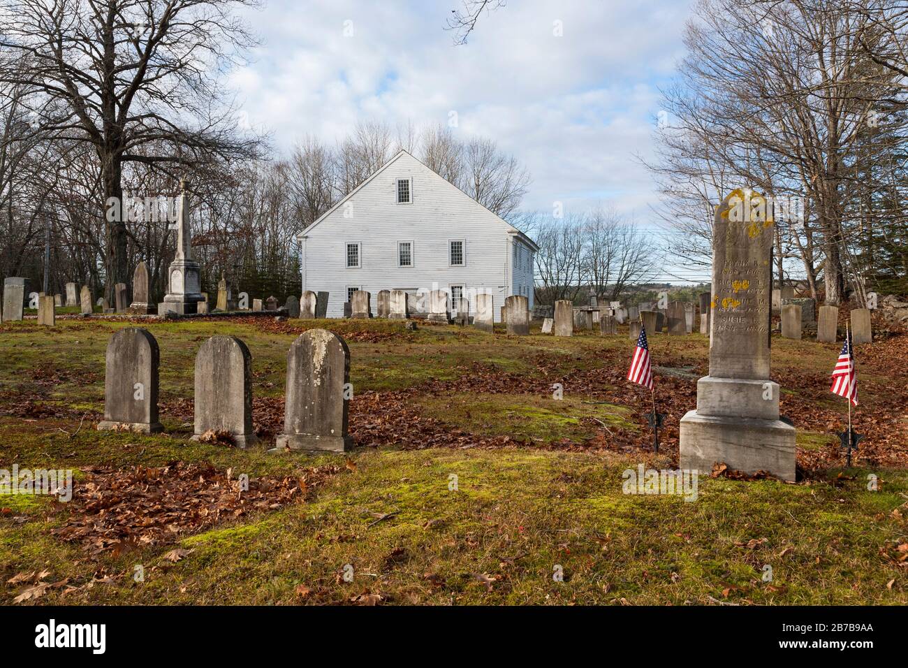 Harrington Meeting House in Bristol, Maine during the autumn months. Built 1772-1775, this meetinghouse was added to the National Register of Historic Stock Photo