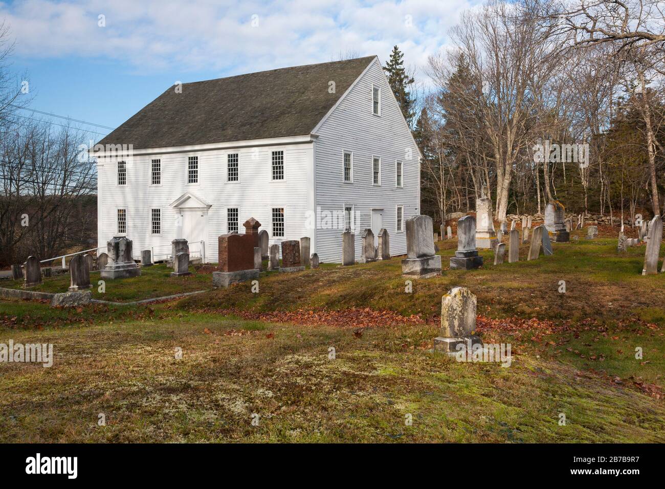 Harrington Meeting House in Bristol, Maine during the autumn months