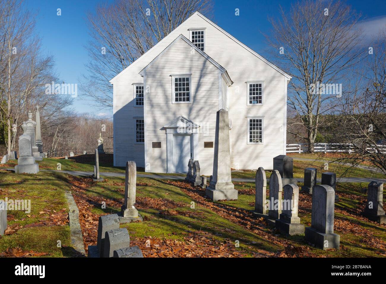 The German Lutheran Church (also known as the Old German Meeting House) in Waldoboro, Maine during the autumn months. Built in 1772, this church is on Stock Photo