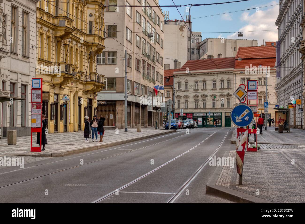 Prague March 14, 2020 - Empty streets of Prague during Corona Virus covid-19 outbreak Stock Photo