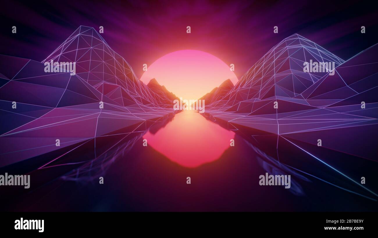 retro synthwave river with bright sun and hills 3d rendering illustration Stock Photo