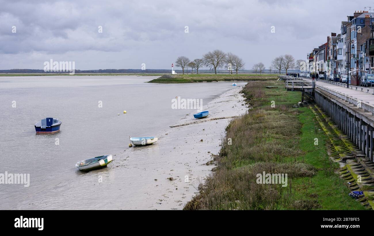 Winter view of the Baie de Somme and the long waterside boardwalk in Saint-Valery-sur-Somme, a popular tourist destination in northern France. Stock Photo