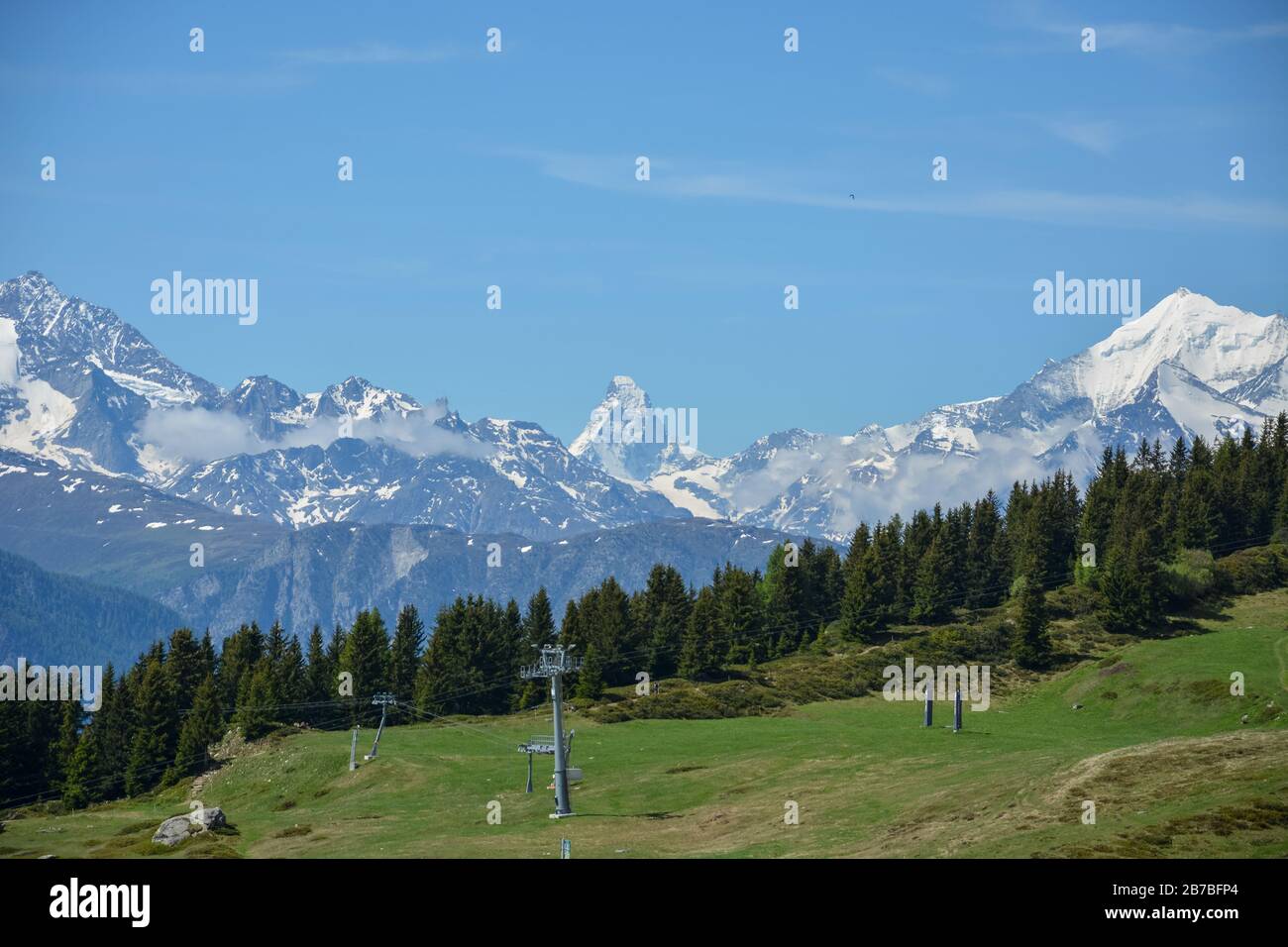 View on the Matterhorn in the distance in the Swiss alps from Bettmeralp Stock Photo