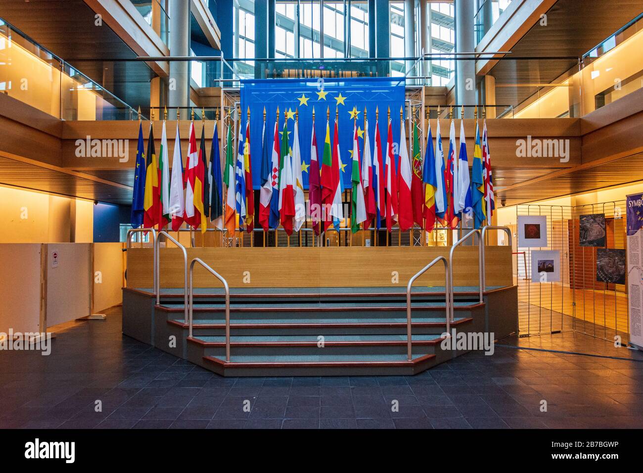 European flags inside the European parliament in Strassburg on a sunny day Stock Photo