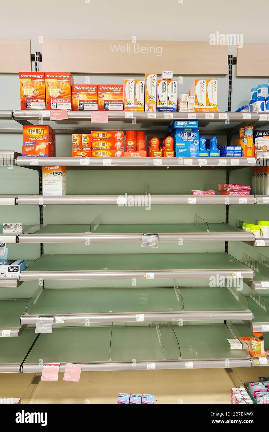 Empty shelves of painkiller aspirin ibuprofen and paracetamol tablets
