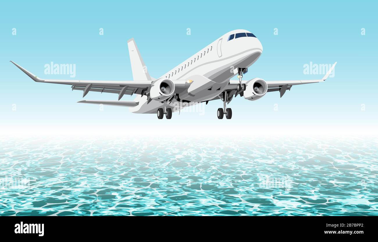 Detailed realistic vector illustration of an airplane above the sea Stock Vector