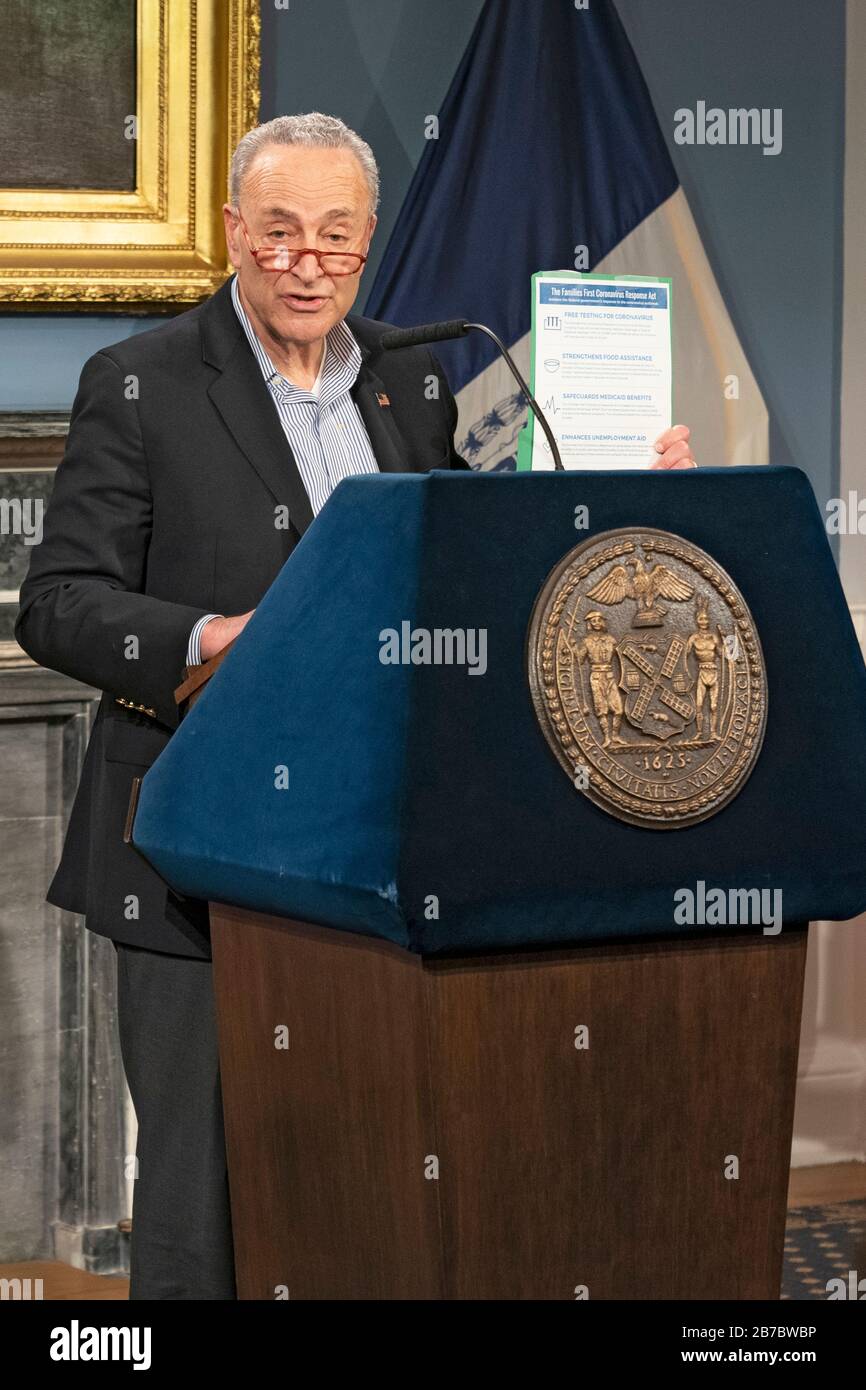 New York, USA. 14th Mar, 2020. Senator Charles Schumer speaks to the media on the first coronavirus-related death in New York CIty. Credit: SOPA Images Limited/Alamy Live News Stock Photo