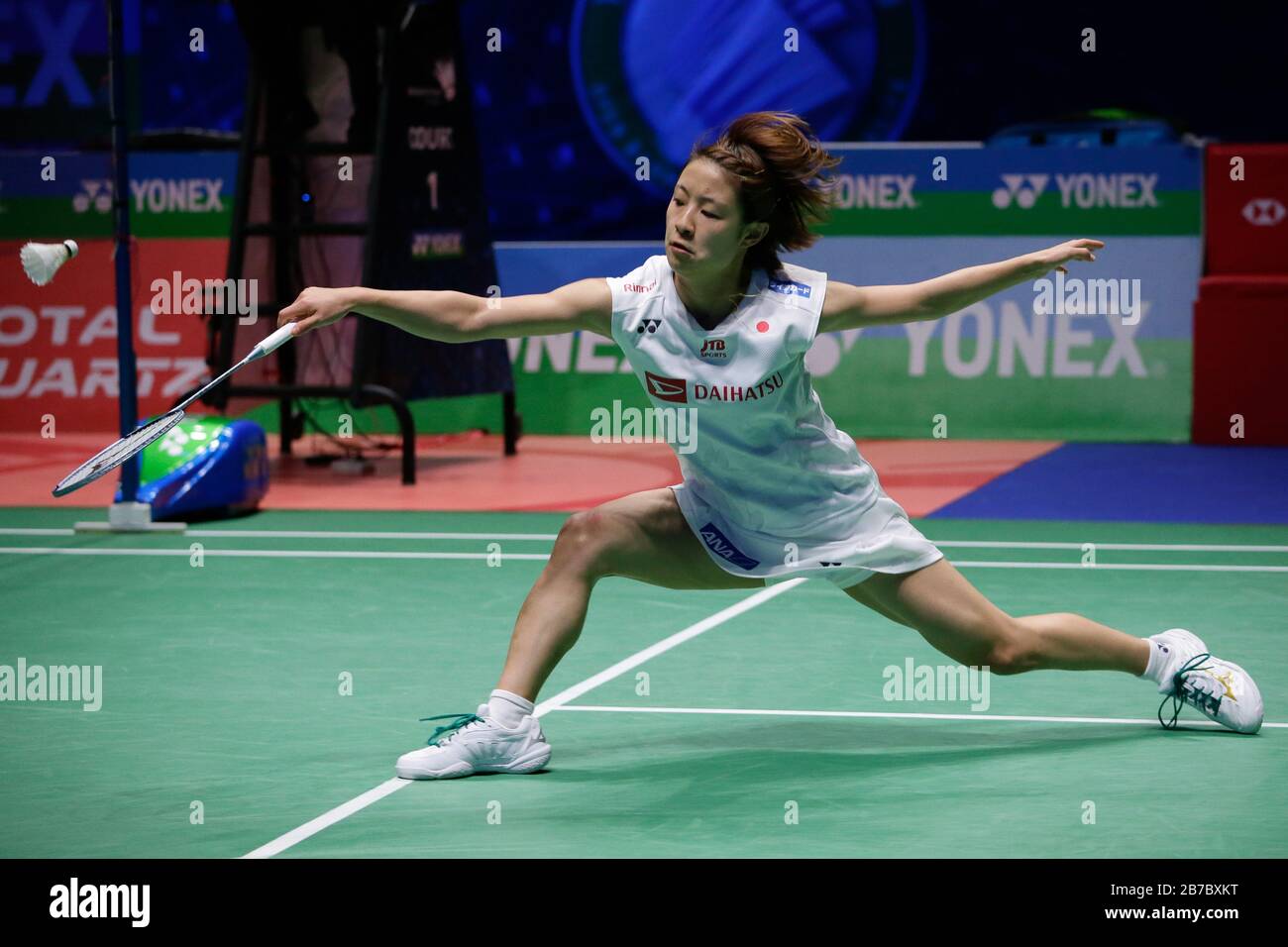 Birmingham, UK. 14th Mar, 2020. Japan's Okuhara Nozomi competes during the  women's singles semifinal match between China's Chen Yufei and Japan's  Okuhara Nozomi at All England Badminton 2020 in Birmingham, Britain on