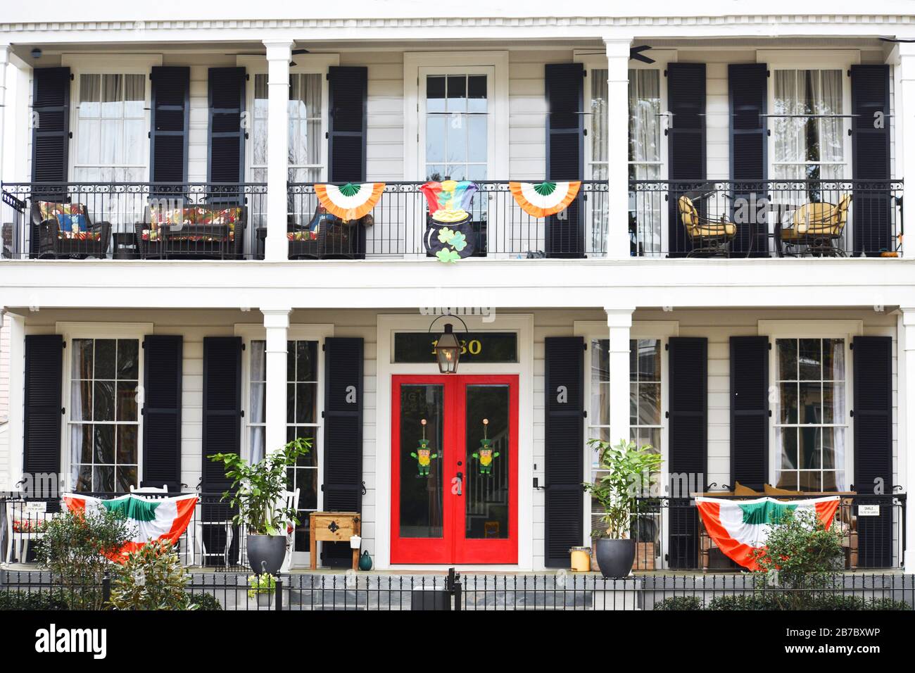 New Orleans St Patricks Day Houses and businesses decorated for March 17th Stock Photo