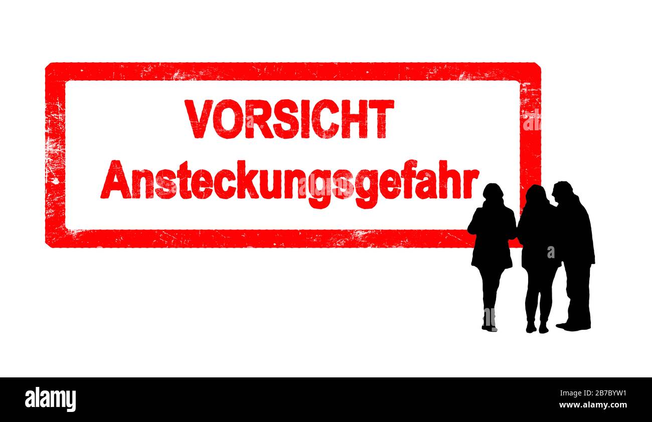 Red stamp Vorsicht Ansteckungsgefahr -engl. Caution Risk of infection with Silhouette of people Stock Photo