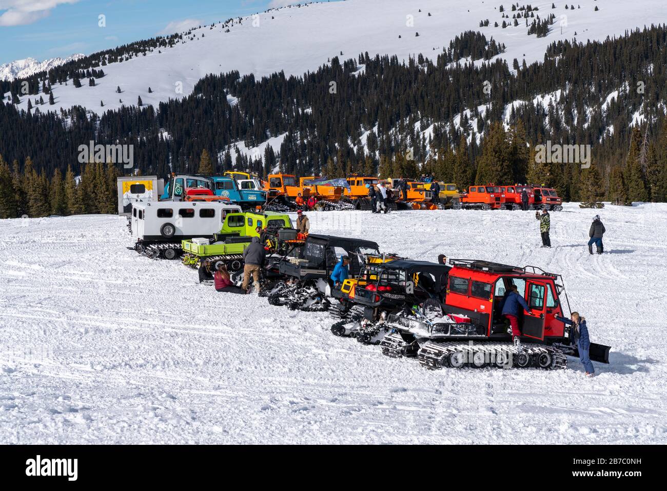 Leadville, Colorado- March 7, 2020 : People gather on Vail pass for the annual Snowcat Jamboree Stock Photo